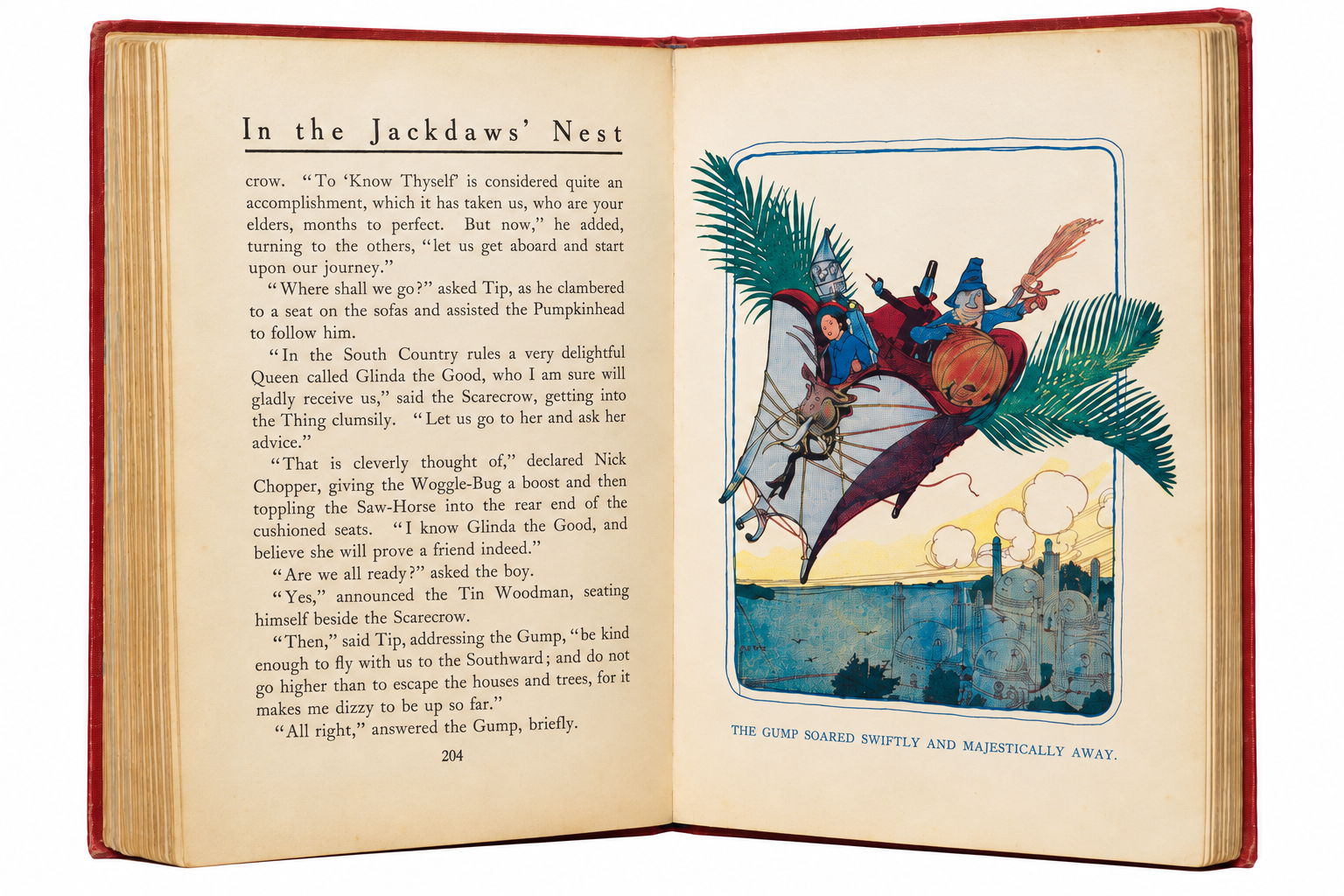 Open spread from The Land of Oz with page 204 at left and a colour illustration of the Gump carrying the characters through the air at right.